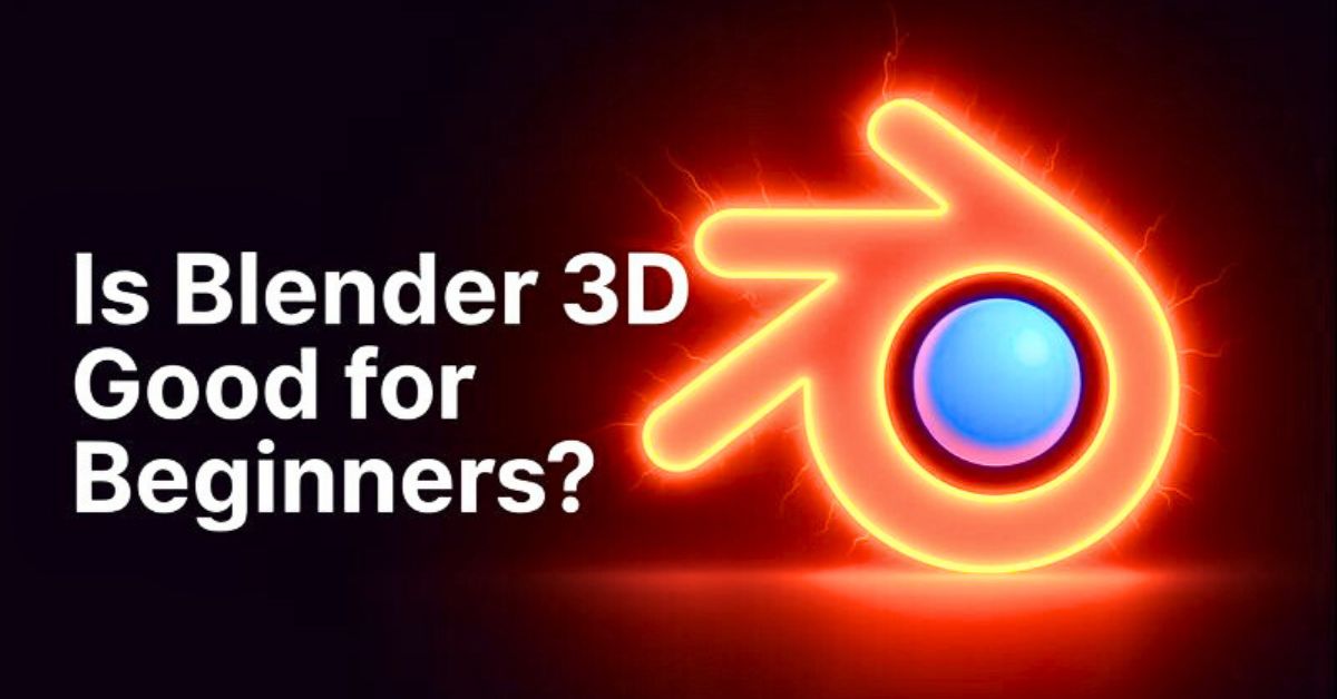 Neon glowing Blender 3D logo with text asking ‘Is Blender 3D good for beginners?