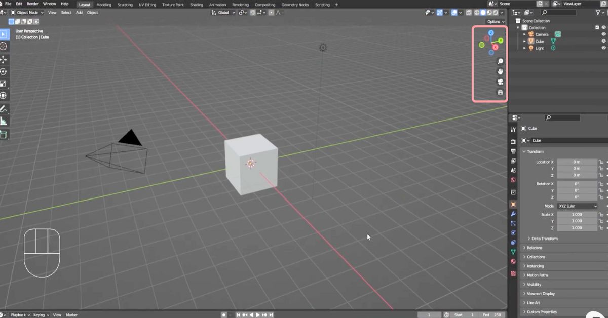 Blender Outliner panel displaying objects like cube, camera and light for beginners.