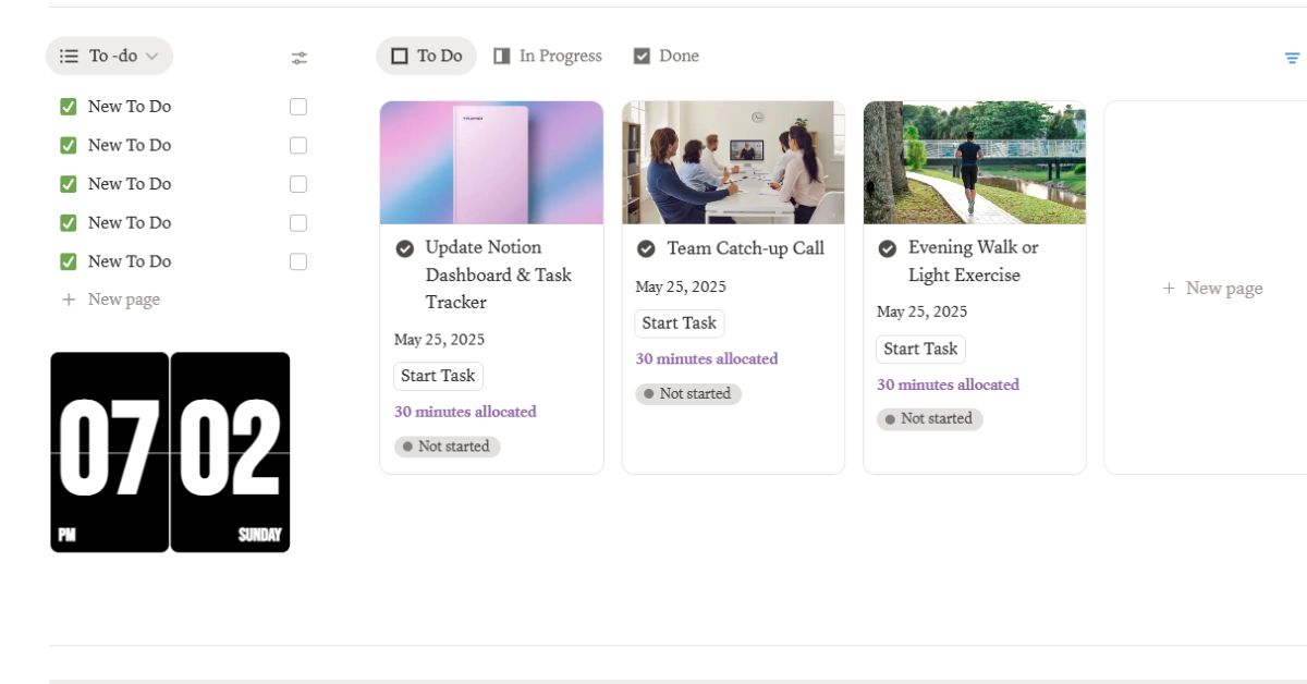 Notion time boxing template dashboard displaying daily tasks, time allocations, and productivity workflow